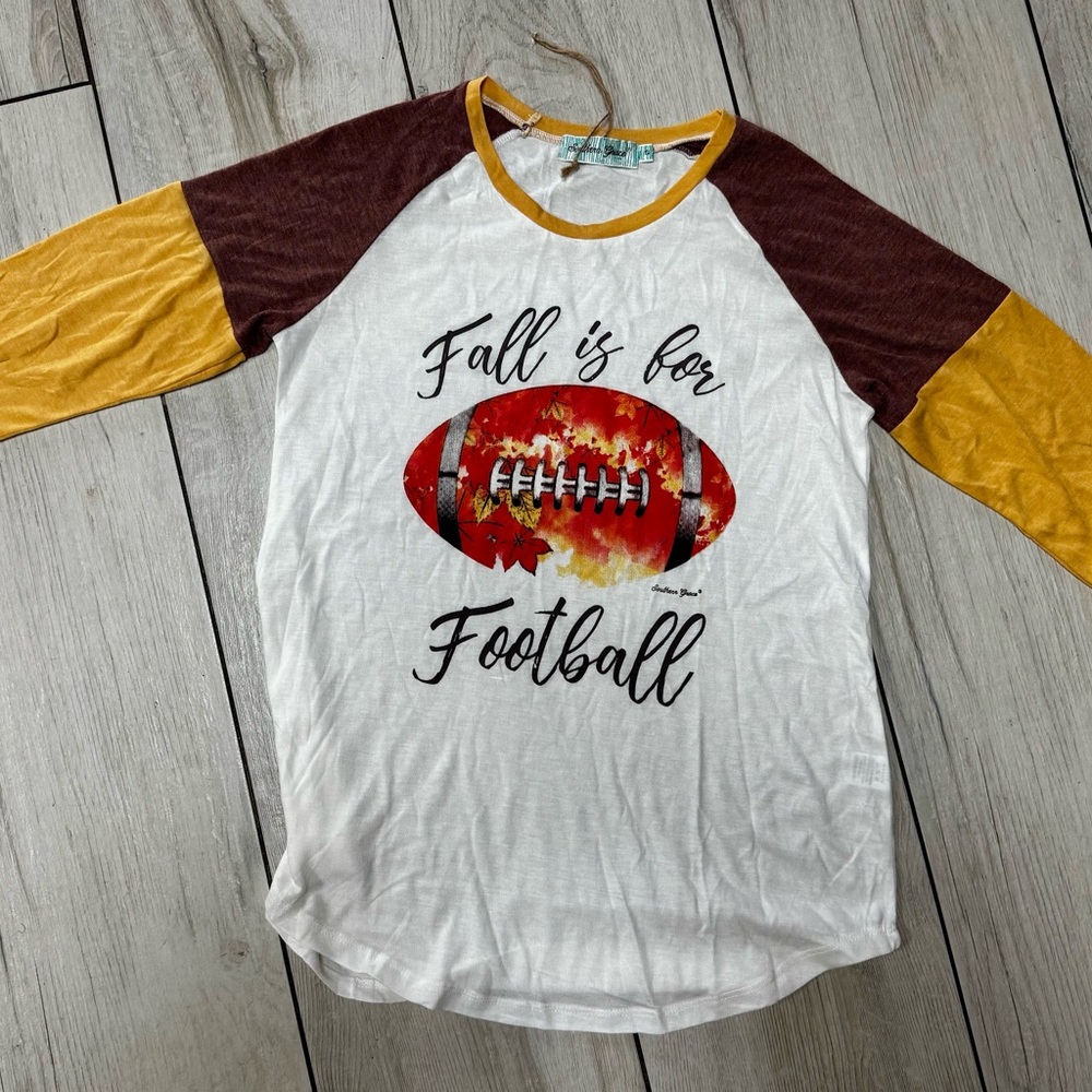 Southern Grace Kids Long Sleeve Football Tee - White, Brown, Yellow